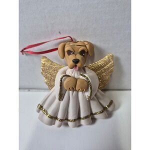 Cecile Signed Polymer Clay Angel Dog Ornament Gold Wings Yellow Lab Puppy